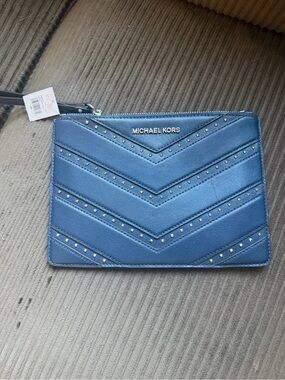 Michael Kors blue chevron studded wristlet clutch